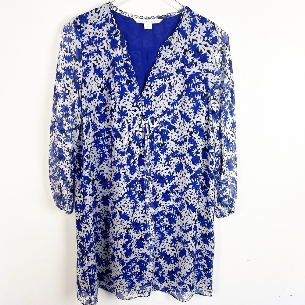 Diane von Furstenberg Aria Printed Silk Tunic Dress Blue Floral size 4 - Picture 2 of 11